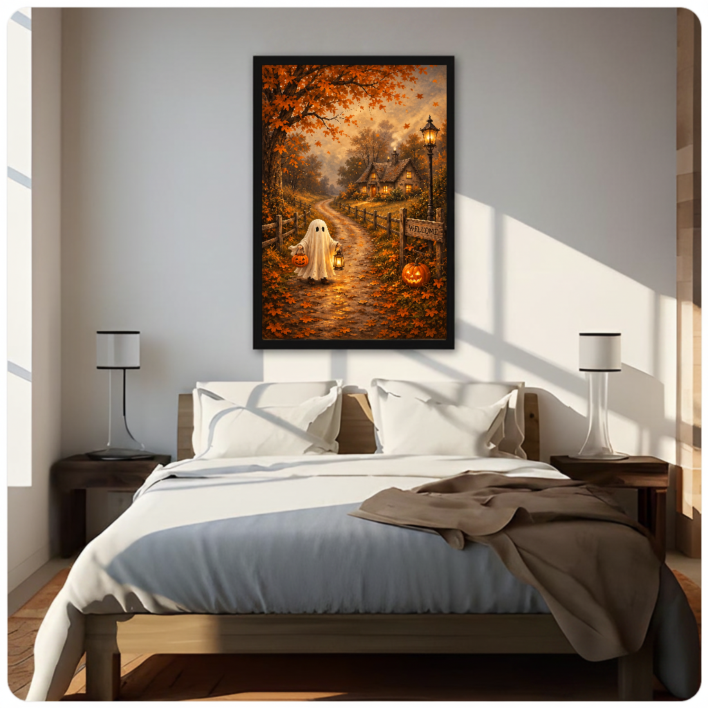 Portrait cottage ghost canvas artwork displayed above a bed in a softly lit bedroom.