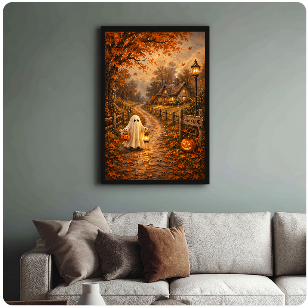 Framed cottage ghost wall artwork displayed above a neutral sofa with soft cushions.