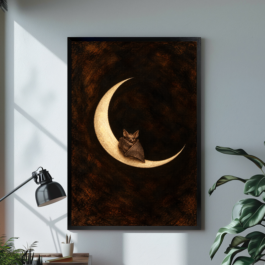 Black framed moon bat canvas artwork displayed in a neutral interior with visible frame depth.