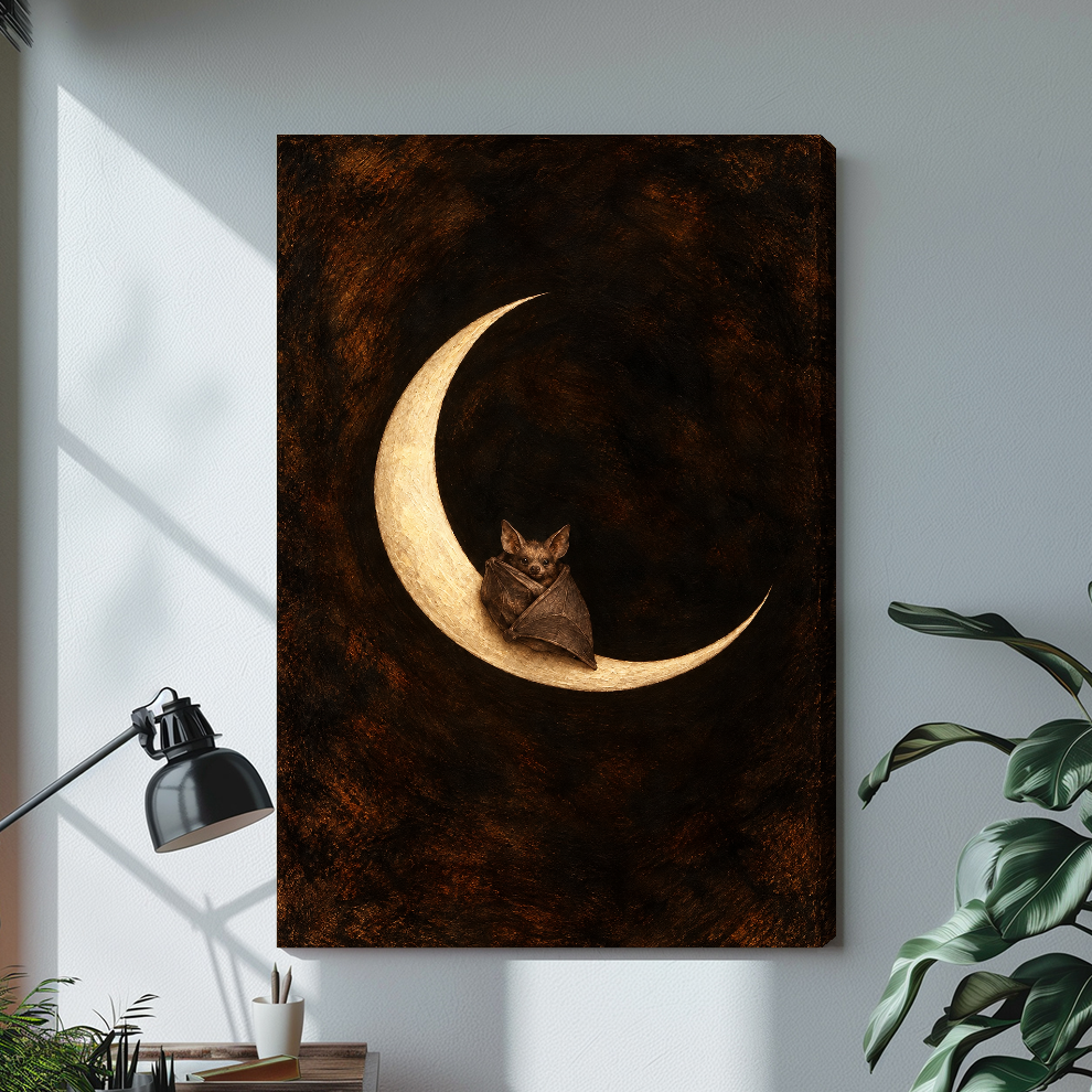Stretched moon bat canvas artwork displayed with continuous wrapped edges and soft side shadows.