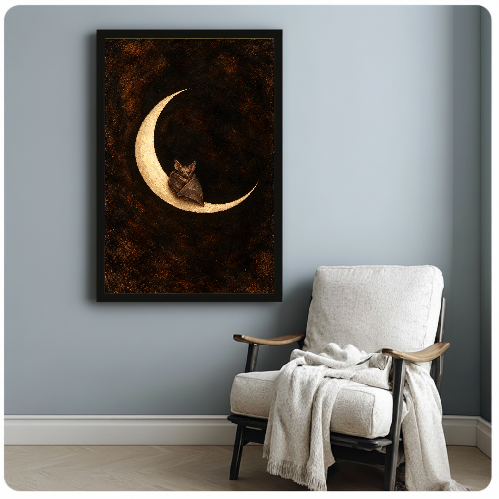 Framed moon bat canvas artwork displayed beside a reading chair with a soft blanket.