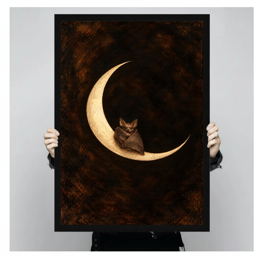 A person holds framed moon bat canvas artwork to demonstrate its portrait proportions.
