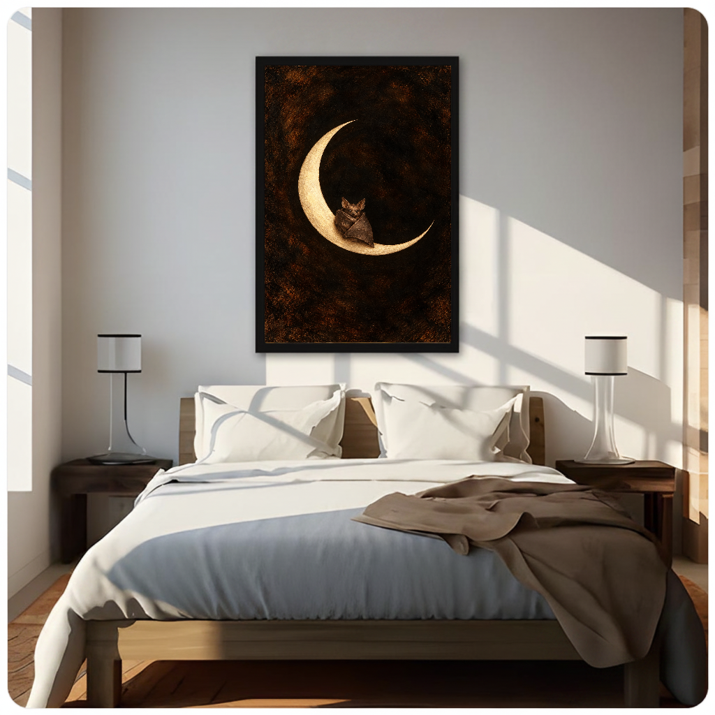 Portrait moon bat canvas artwork displayed above a bed in a softly lit bedroom.