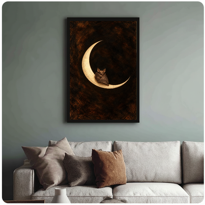 Framed moon bat wall artwork displayed above a neutral sofa with soft cushions.