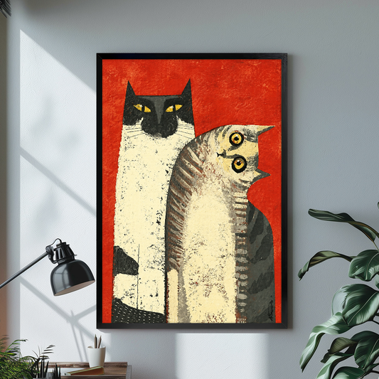 Black framed folk cats canvas artwork displayed in a neutral interior with visible frame depth.