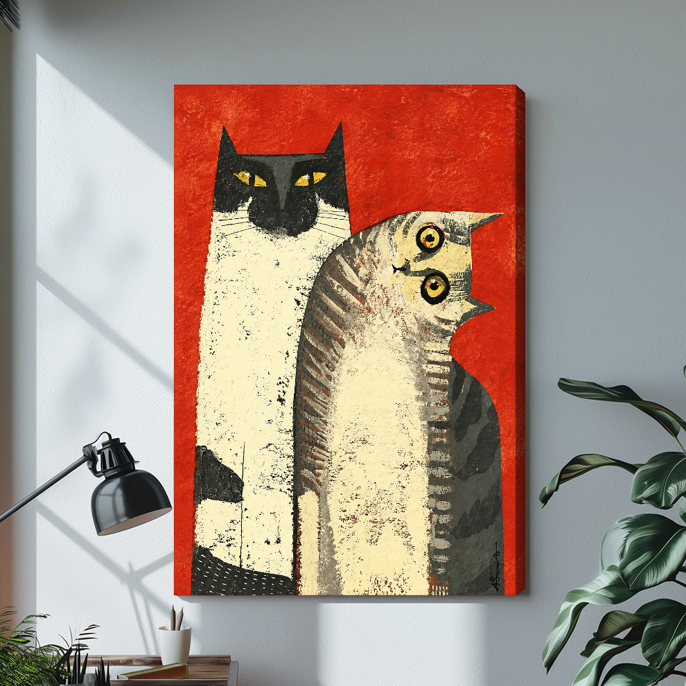 Stretched folk cats canvas artwork displayed with continuous wrapped edges and soft side shadows.
