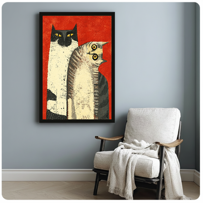 Framed folk cats canvas artwork displayed beside a reading chair with a soft blanket.
