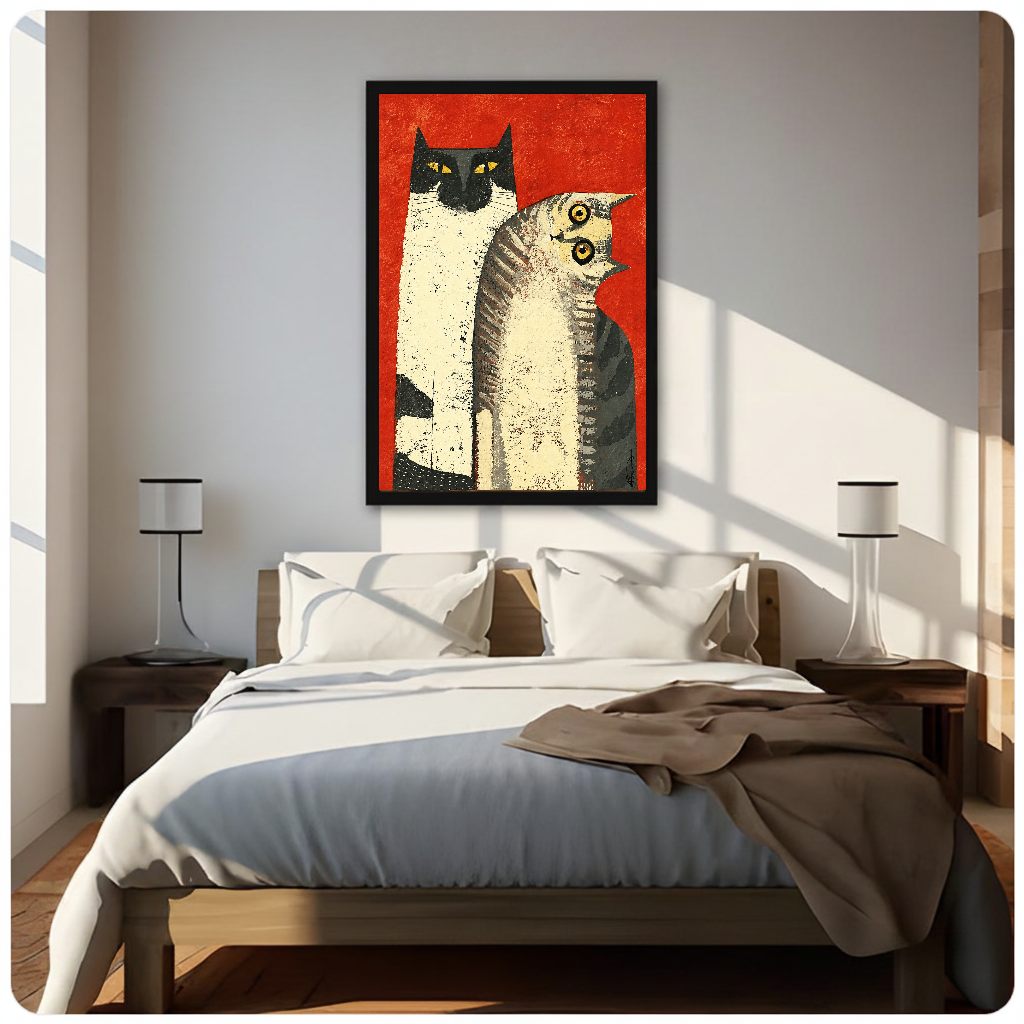 Portrait folk cats canvas artwork displayed above a bed in a softly lit bedroom.