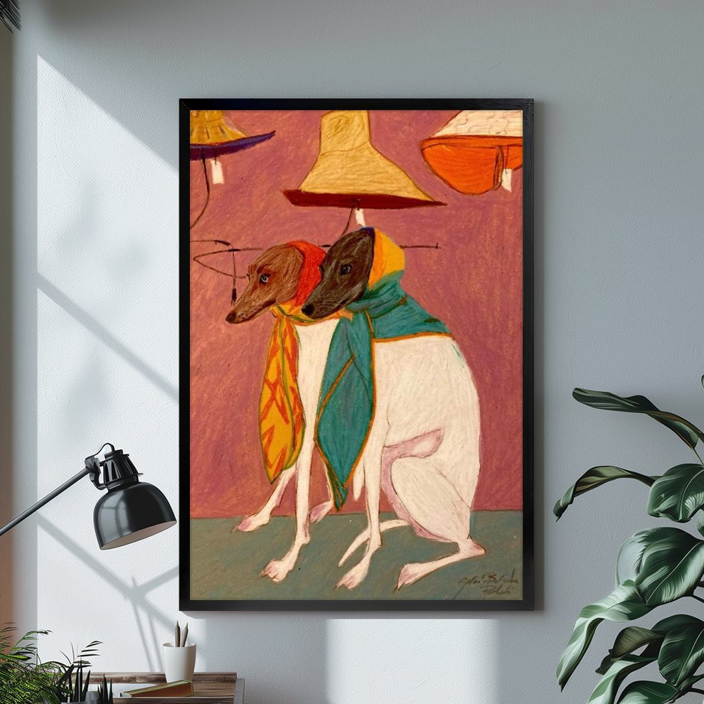 Black framed scarf wearing dog companions canvas displayed above a console in the selected room setting.