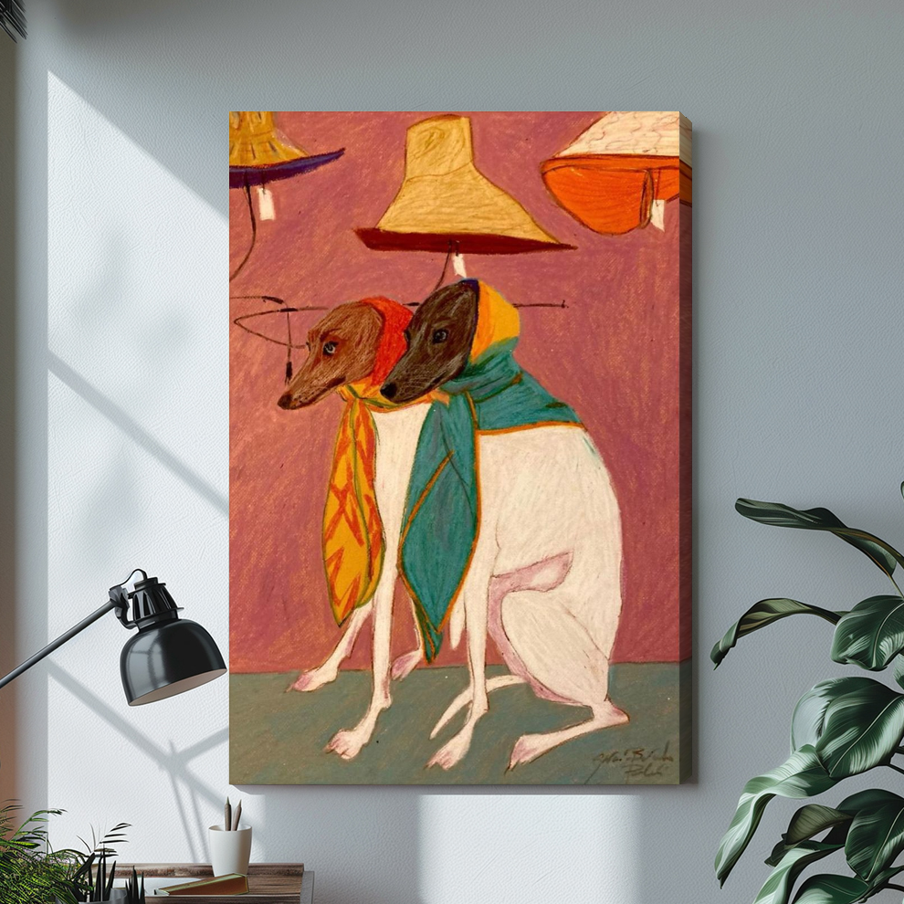 Stretched scarf wearing dog companions canvas with a visible wrapped edge in the selected room setting.