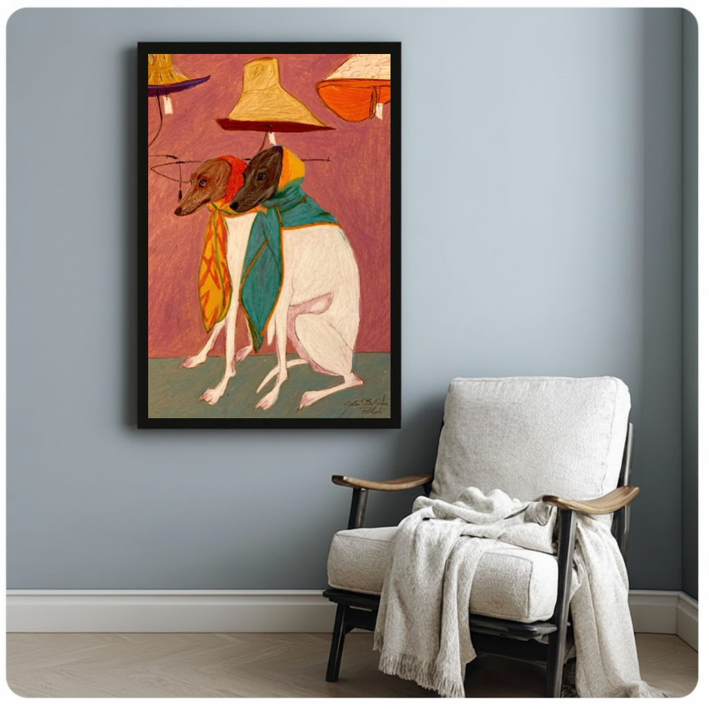Framed scarf wearing dog companions canvas beside a pale reading chair on a blue gray wall.