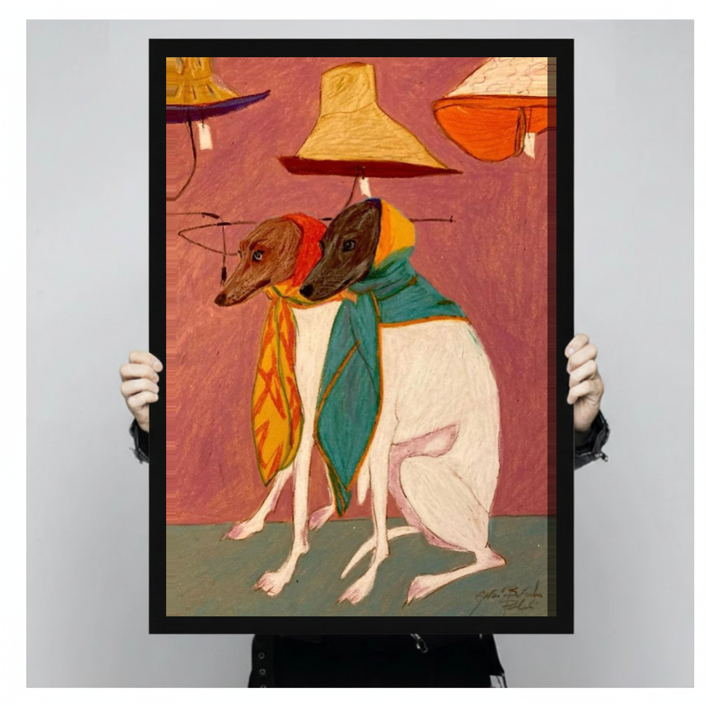A person holds black framed scarf wearing dog companions canvas against a light neutral background.
