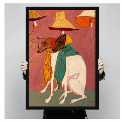 A person holds black framed scarf wearing dog companions canvas against a light neutral background.