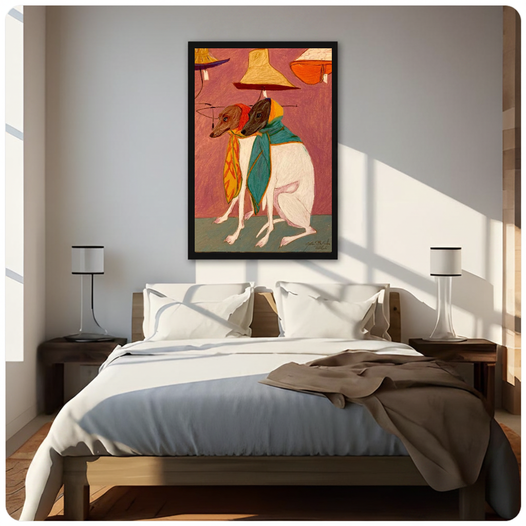 Framed scarf wearing dog companions canvas above a neutral bed beside soft bedroom lighting and lamps.