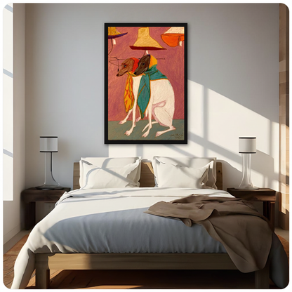 Framed scarf wearing dog companions canvas above a neutral bed beside soft bedroom lighting and lamps.