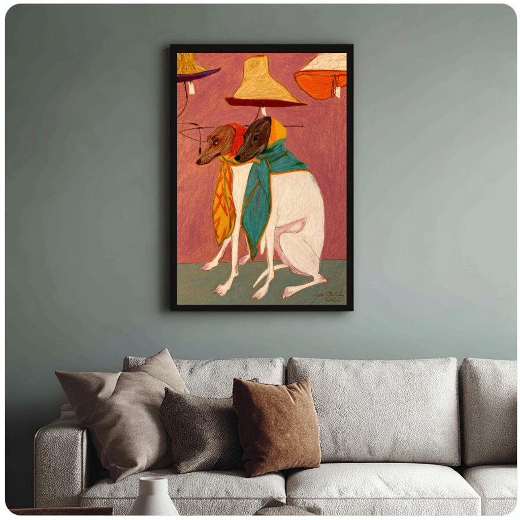 Framed scarf wearing dog companions canvas above a neutral sofa with cushions against a muted wall.