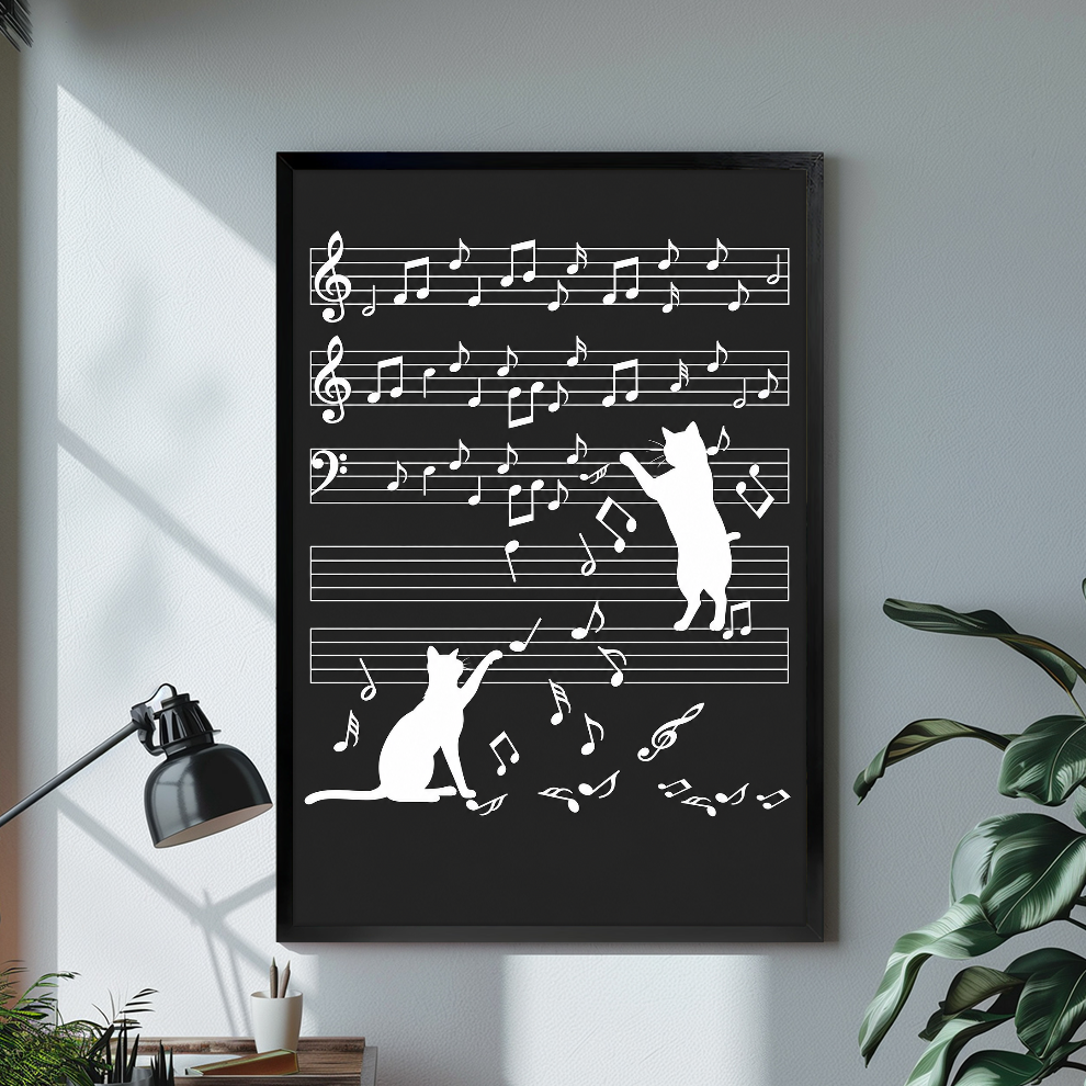 Black framed music cat canvas with white silhouettes above a light desk and lamp.