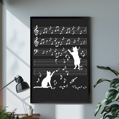 Black framed music cat canvas with white silhouettes above a light desk and lamp.