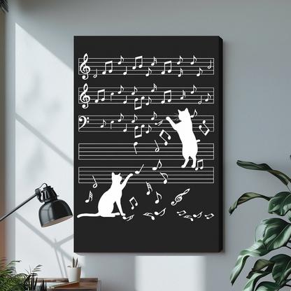 Stretched music cat canvas with white notes on charcoal above a bright desk.