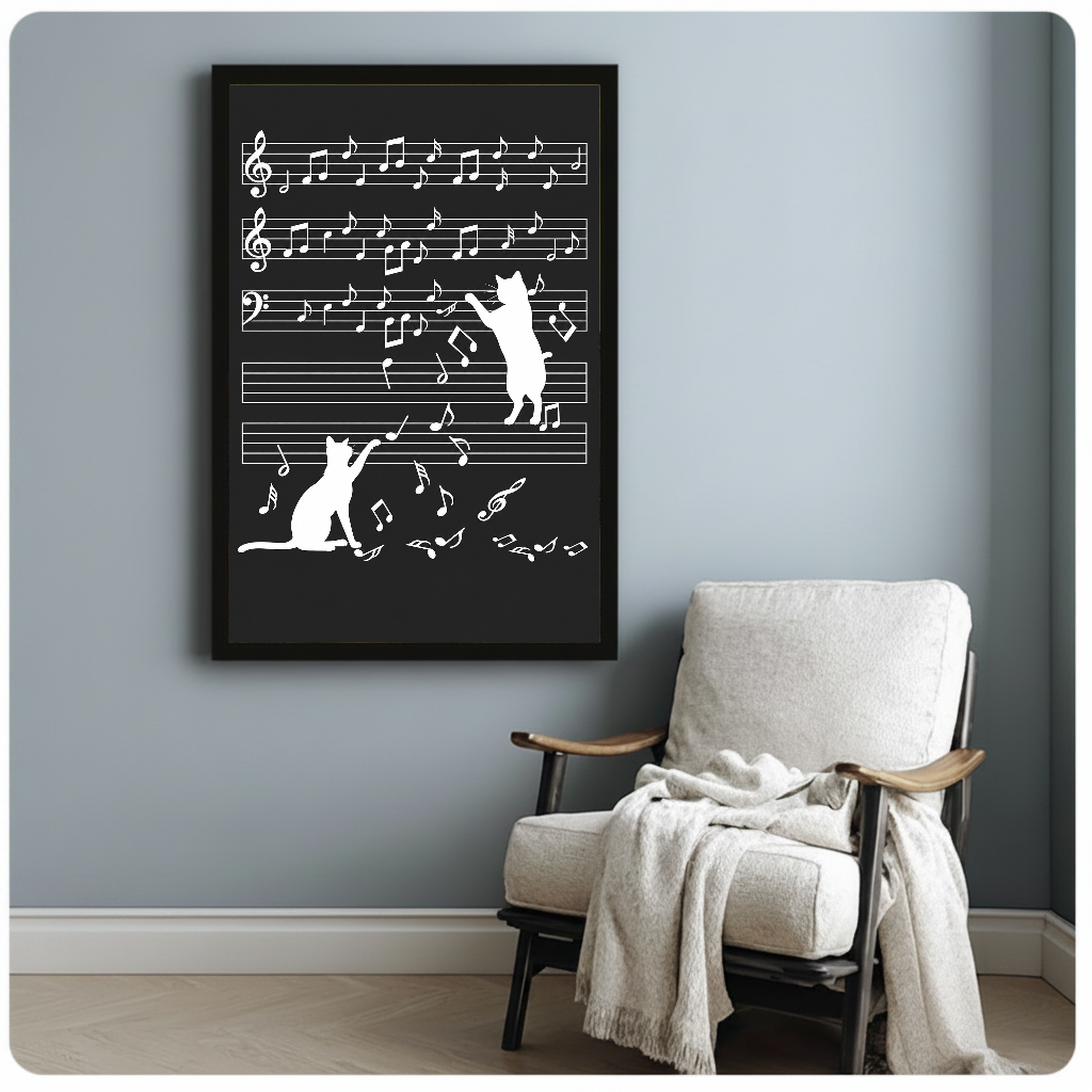 Framed playful cat and music artwork beside a pale reading chair.