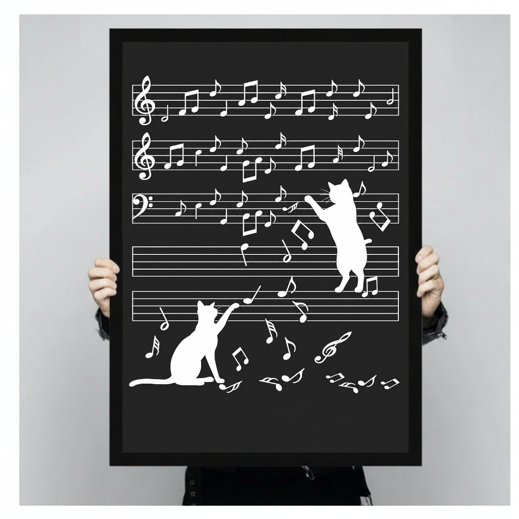 Person holding a black framed portrait canvas featuring cats and musical notes.