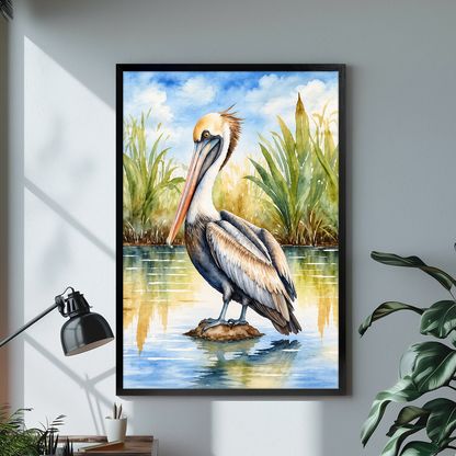 Black framed canvas depicting a watercolor pelican among reeds on a bright desk with a lamp.