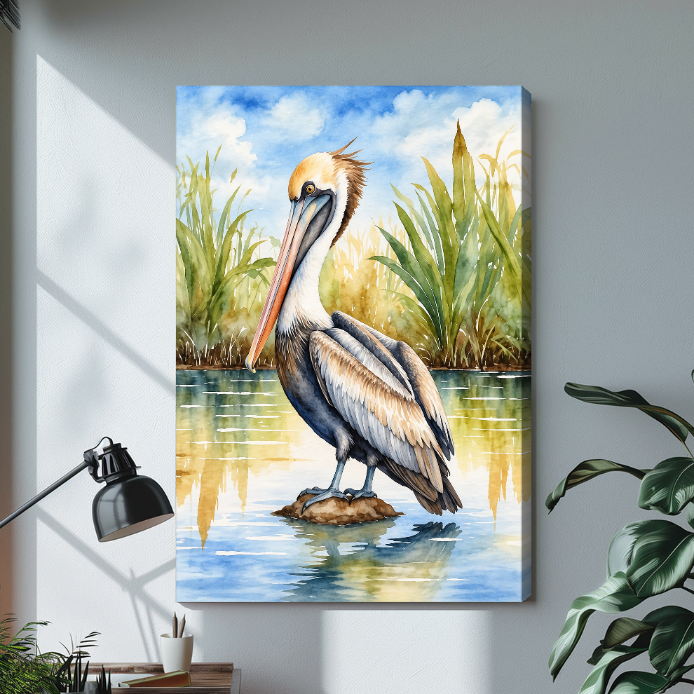 Stretched canvas depicting a watercolor pelican among reeds displayed on a bright desk with a lamp.