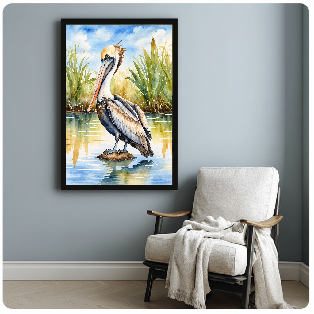 Framed artwork of a watercolor pelican among reeds beside a pale reading chair against a gray wall.
