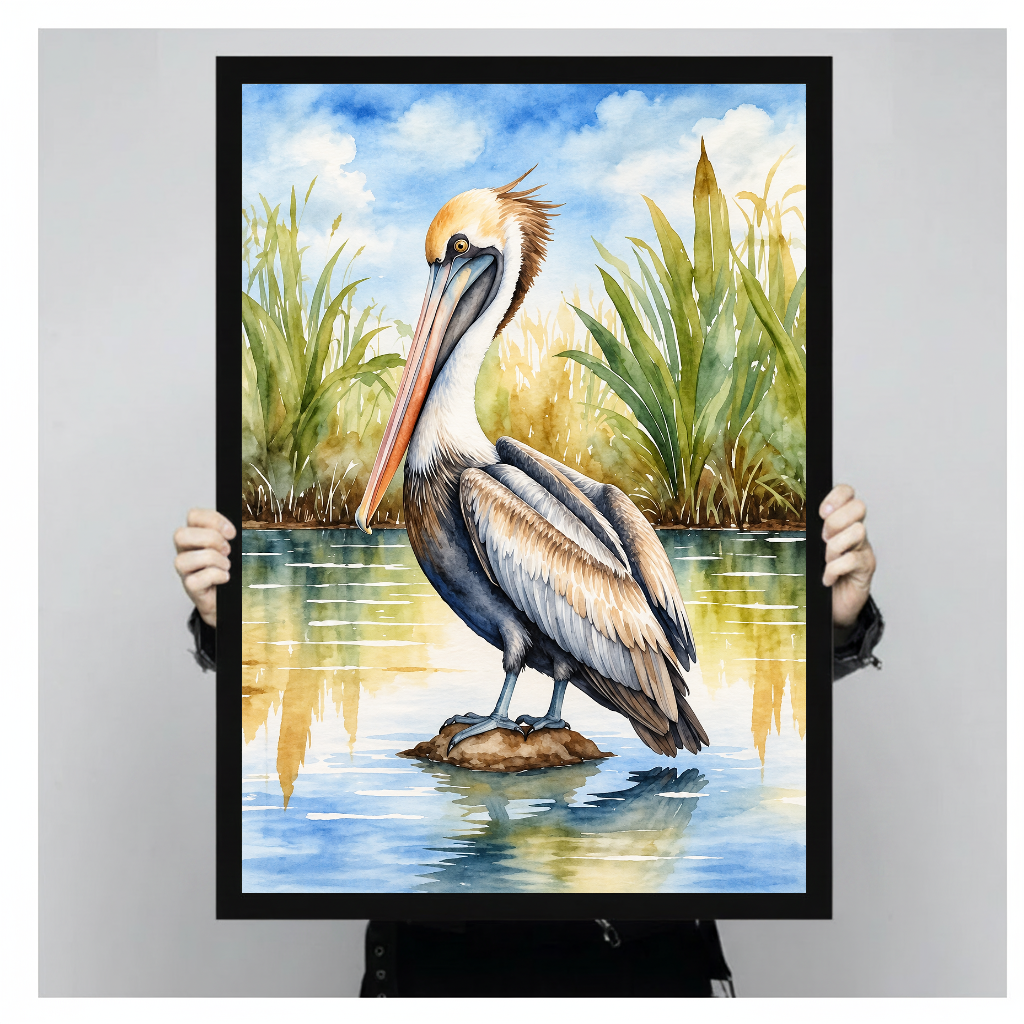 Framed artwork of a watercolor pelican among reeds held by a person against a pale backdrop.