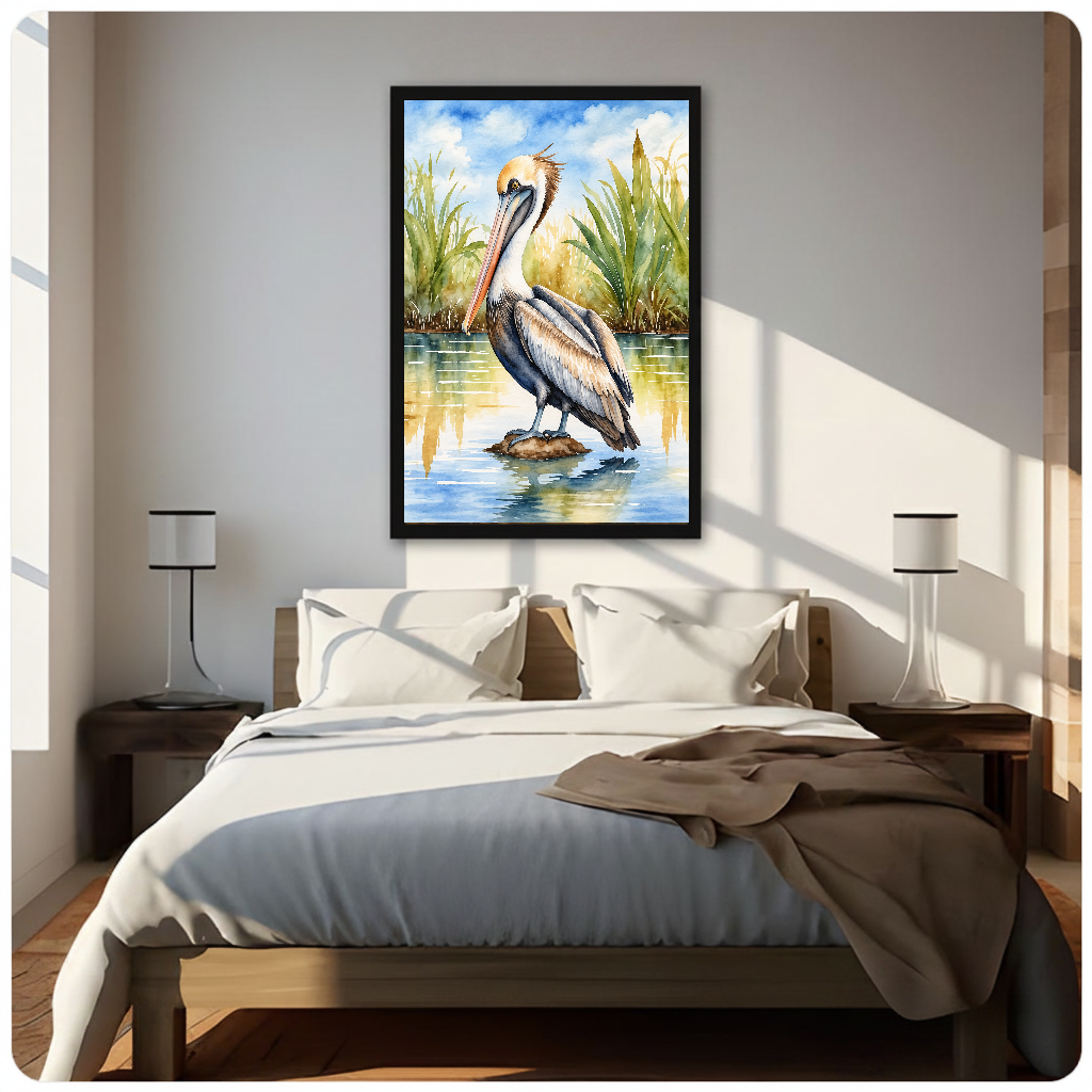 Framed artwork of a watercolor pelican among reeds above a neutral bed between two bedside lamps.
