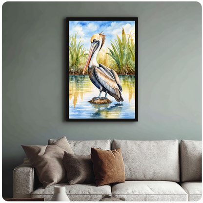 Framed artwork of a watercolor pelican among reeds above a sofa with muted cushions.