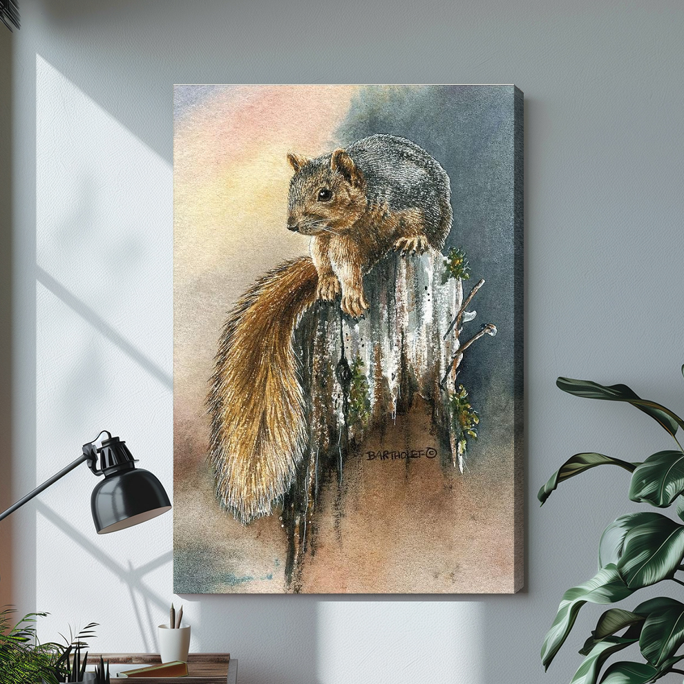 Stretched watercolor squirrel canvas above a light desk, showing a shaded wrapped side edge.