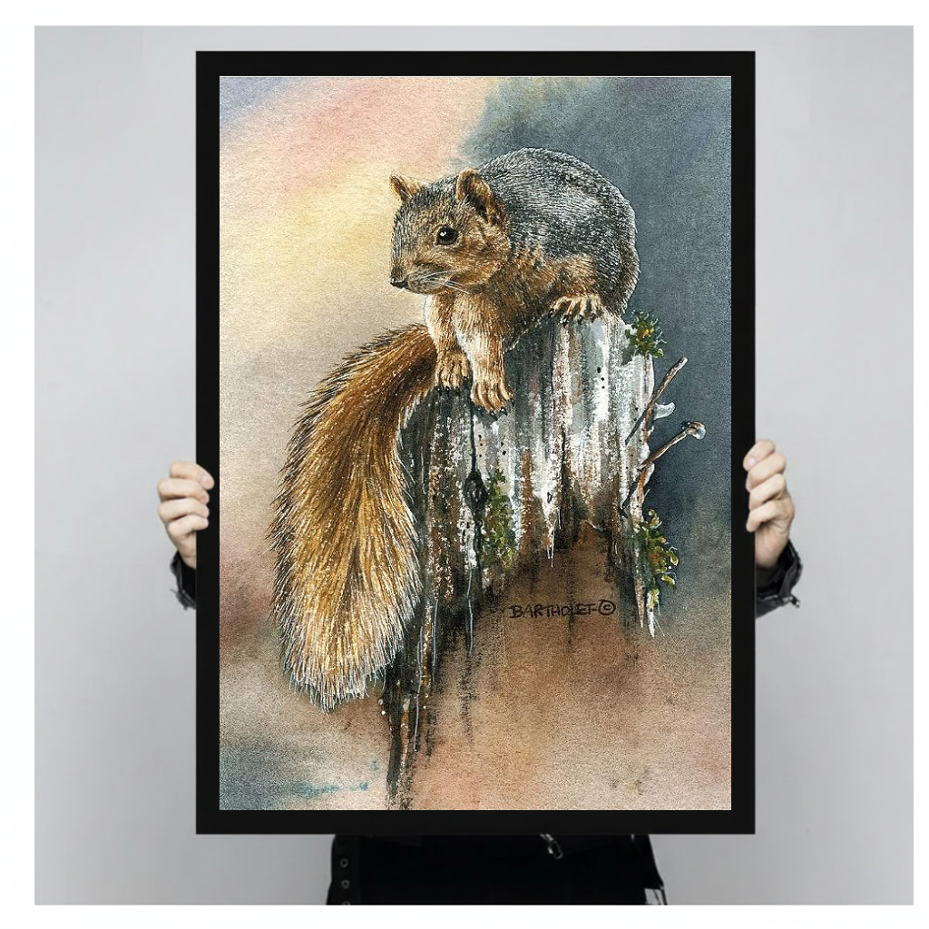 Person holding black framed squirrel watercolor artwork, displaying its russet tail and weathered stump.