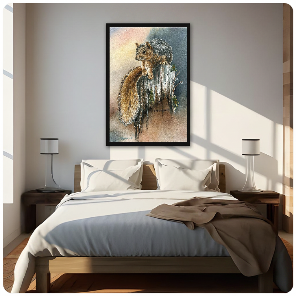 Woodland squirrel canvas above a neutral bed with bedside lamps and soft window light.