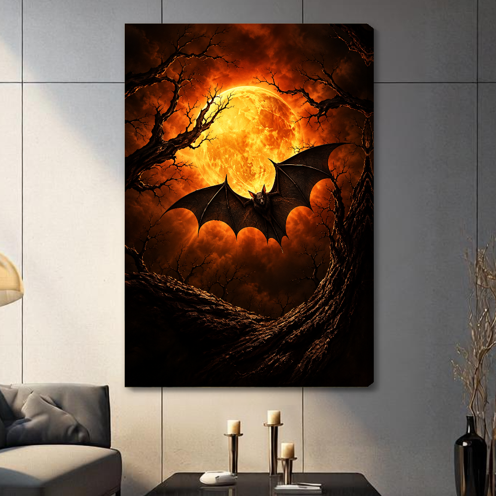 Stretched canvas featuring amber moon and flying bat displayed on a gray paneled wall with candles.