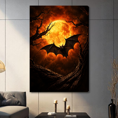 Stretched canvas featuring amber moon and flying bat displayed on a gray paneled wall with candles.