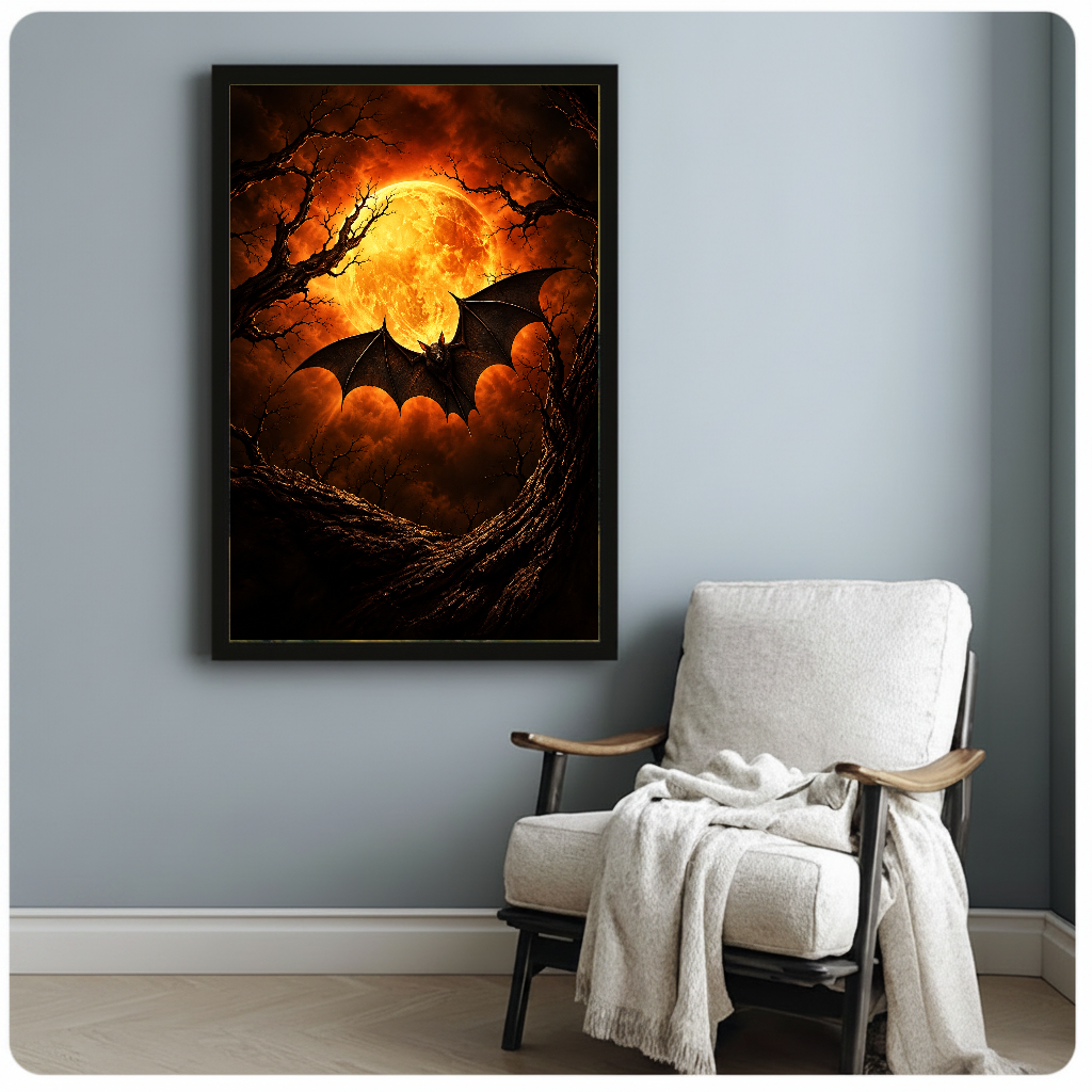 Framed canvas featuring amber moon and flying bat beside a pale reading chair.