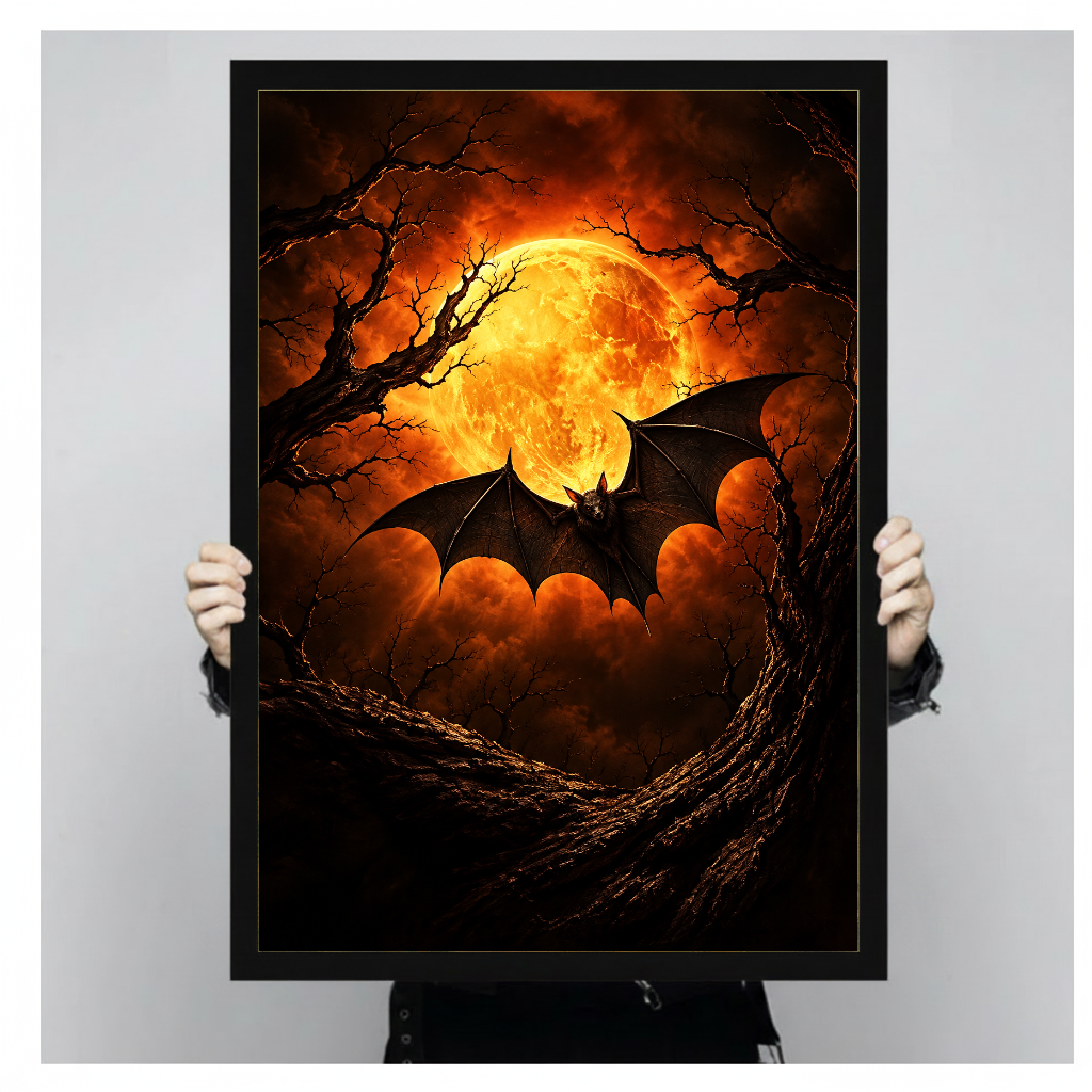 Person holding a black framed portrait canvas depicting amber moon and flying bat.