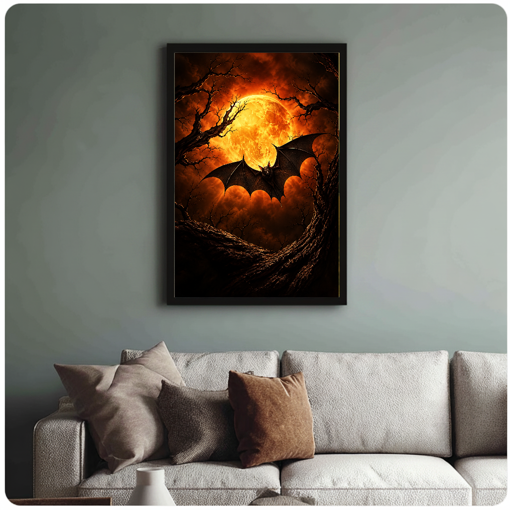 Framed artwork of amber moon and flying bat above a sofa with muted cushions.