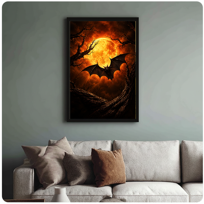 Framed artwork of amber moon and flying bat above a sofa with muted cushions.