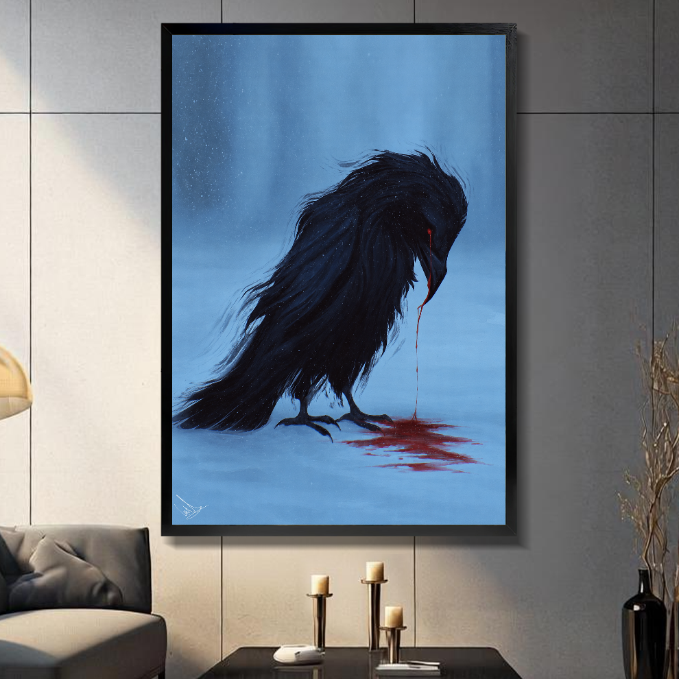 Black framed blue grieving raven canvas above a console beside a sofa in a paneled room.