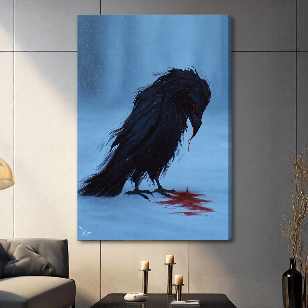 Stretched blue grieving raven canvas in a paneled living room with a shaded wrapped edge.