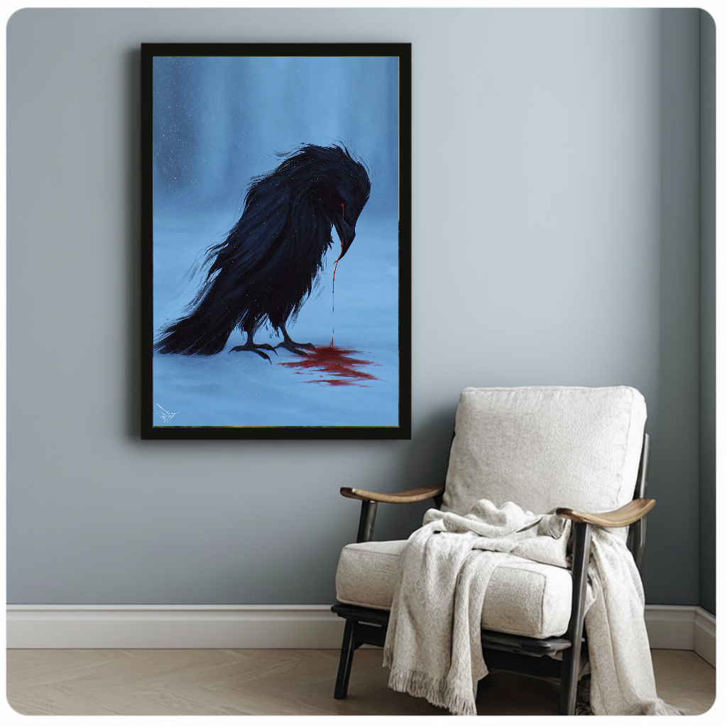 Framed blue grieving raven artwork beside a pale reading chair against a blue-gray wall.