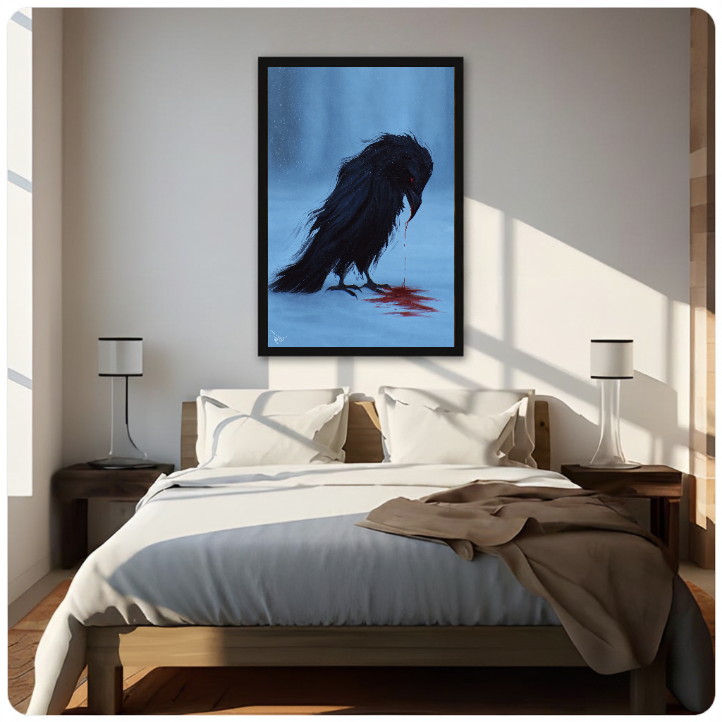 Blue grieving raven canvas above a neutral bed with lamps and soft window light.