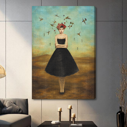 Stretched canvas depicting a flower crowned woman with hummingbirds displayed on a gray paneled wall with candles.