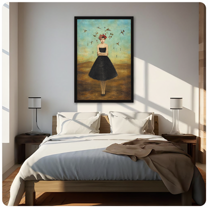 Framed artwork of a flower crowned woman with hummingbirds above a neutral bed between two bedside lamps.