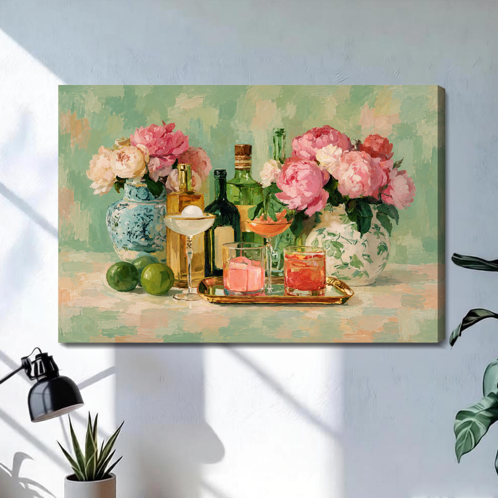 Stretched floral cocktail still life canvas above a light desk, showing a shaded wrapped side edge.
