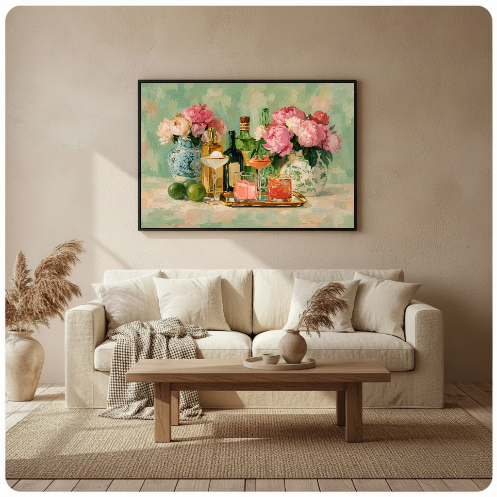 Framed floral cocktail still life above a cream sofa with neutral cushions.