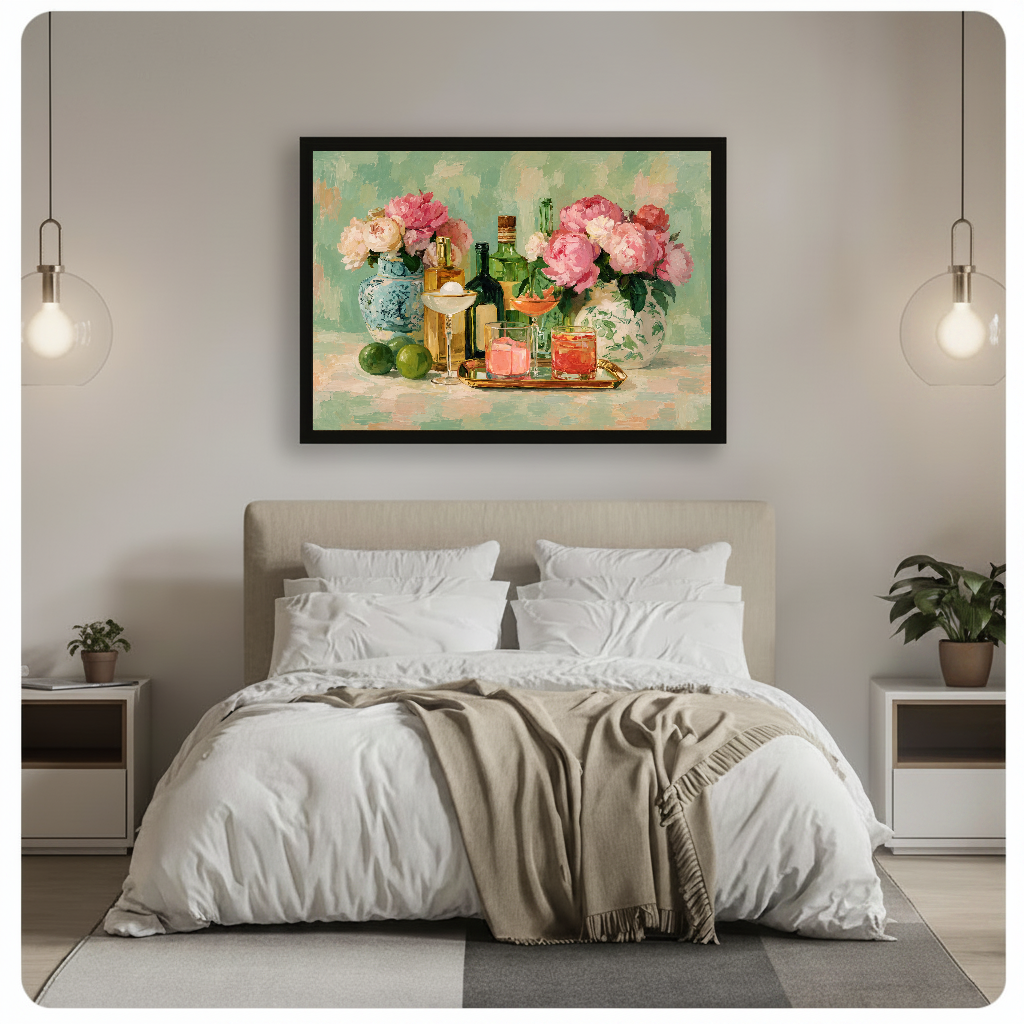 Floral cocktail canvas above a neutral double bed with hanging bedside lights.