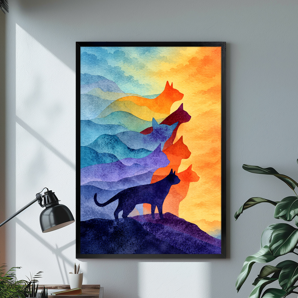 Black framed canvas depicting layered colorful watercolor cat silhouettes on a bright desk with a lamp.